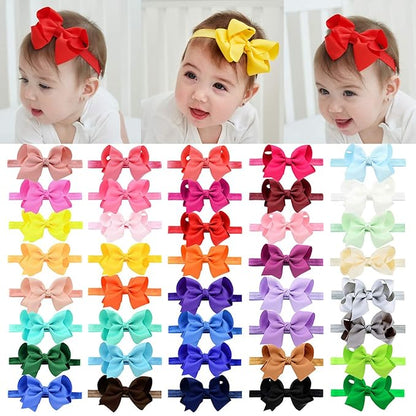 jollybows 40pcs Baby Girls Grosgrain Ribbon Hair Bows Headbands 4" Elastic Hair Band Hair Accessories for Infants Newborn- Natural Color Set