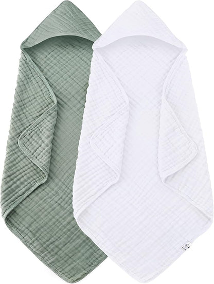 Spotted Play 2 Pack Hooded Baby Towels - 100% Muslin Cotton for Newborns, Infants, Toddlers - Large 32x32Inch Size - Highly Absorbent and Essential for Newborn Care, White and Green