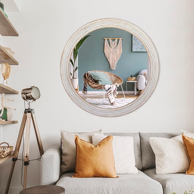 32 Inches Farmhouse Round Wood Mirrors for Wall Decor, Rustic Decorative Circle Mirror for Bathroom, Living Room, Foyer, Entryway