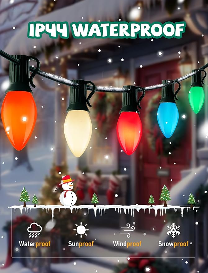 C7 Christmas Lights Outdoor, 25Ft Vintage Christmas String Lights with 27 Multicolor Ceramic Bulbs, Hanging Christmas Decorations Lights for Roofline House Garden Patio Backyard Party-Green