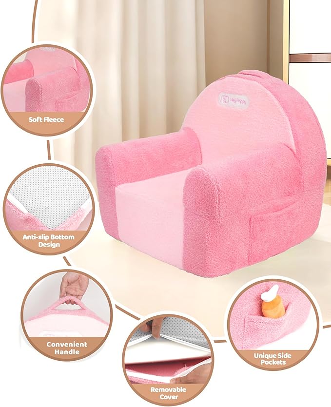 Toddler Chair, Comfy Foam Kids Couch with Soft Velvet Cover, Toddler Couch for Gaming and Studying, Kids Sofa That Fits Nicely with Any Modern Decor, Pink
