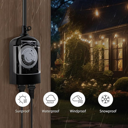 Outdoor Timer Outlet Waterproof, 24 Hour Mechanical Timer Outlet for Home and Garden, 2 Grounded, 15A 3/4HP, Black, 1 Pack