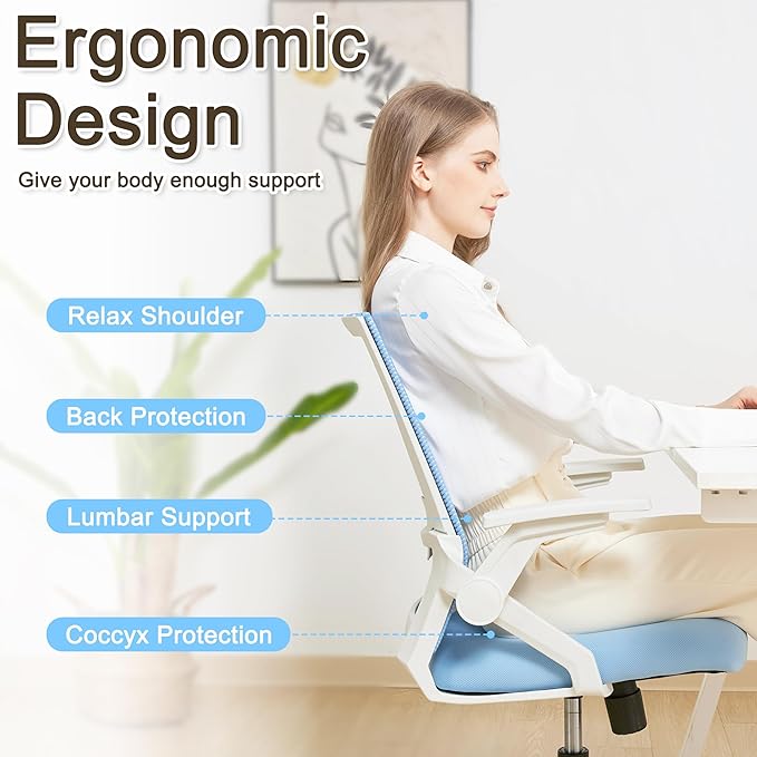 Ergonomic Office Chair Desk Chair with Adjustable Height Mesh Computer Chair Swivel Chair with Flip-up Arms and Lumbar Support Blue