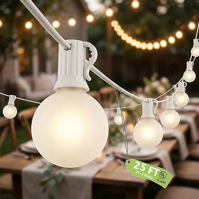 25Ft Outdoor White Frosted String Lights with 27 G40 Frosted Bulbs,E12 Socket base,Waterproof Connectable Hanging Lights for Backyard Wedding Porch Bistro Party Valentine's Day Decor,White Wire