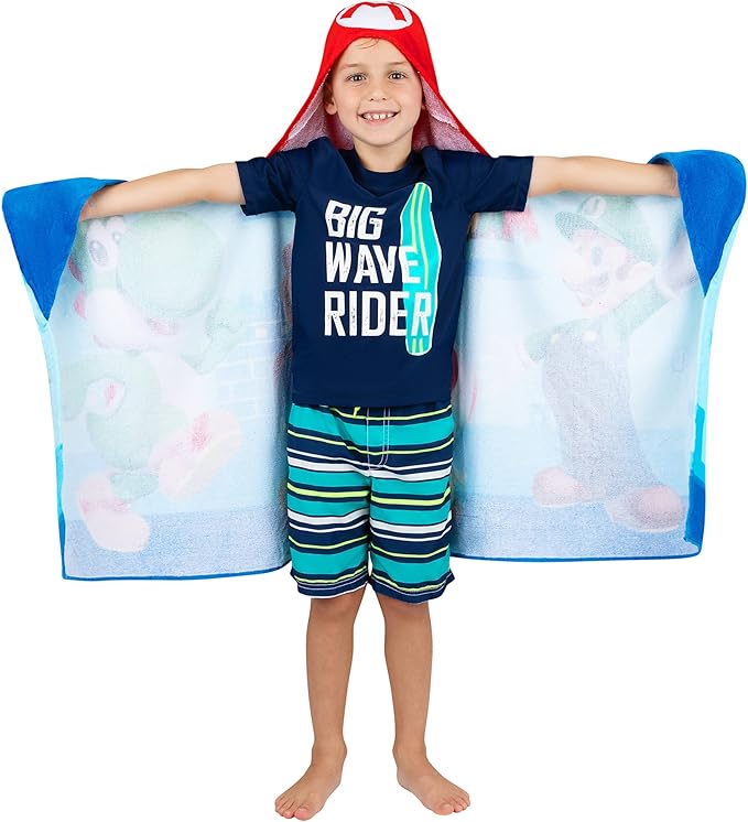 Super Mario Bath/Pool/Beach Soft Cotton Terry Hooded Towel Wrap, 24 in x 50 in, By Franco Kids