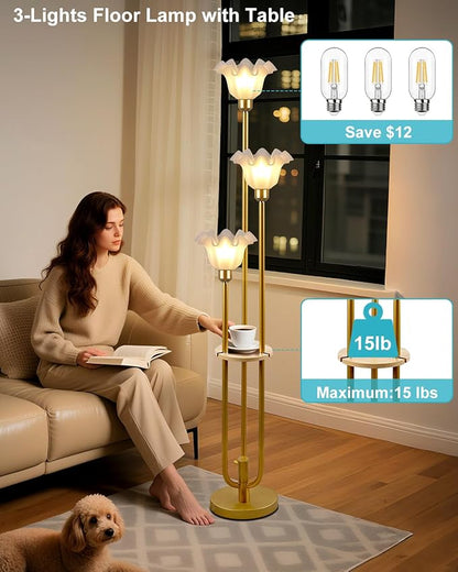 Flower Floor Lamp for Living Room, Dimmable Vintage Floor Lamp with Shelf & LED Bulbs, 3 Light 3000K Warmwhite Mid Century Gold Floral Tall Standing Lamp with 5Lbs Heavy Base for Bedroom