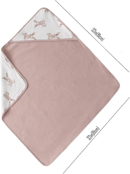 Little Jump Muslin Hooded Baby Bath Towels - 2 Pack 100% Cotton Towel for Babies, Infants, Toddlers - 32x32Inch - Highly Absorbent and Newborn Essential (Bunny)