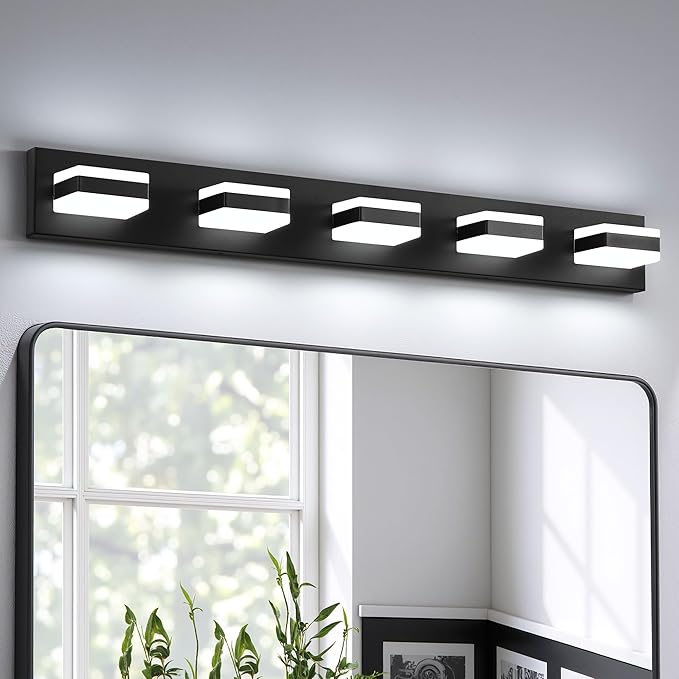 Bathroom Lighting Fixtures Over Mirror, 5 Light Bathroom Vanity Light Fixtures with Cool White 5000K, Matte Black LED Modern Vanity Wall Lights for Bath, Dressing Room, Restroom, 37.4 inch