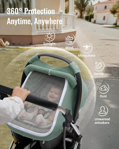 Blissful Diary Baby Car Seat Cover, Extra Large Mesh Window, Breathable Muslin Cotton, Infant Windproof Canopy, Must-Have Baby Gift - Roman Green