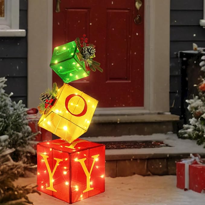 Christmas Joy Lighted Gift Boxes Decorations Set of 3, 2.8Ft Stackable Christmas Nesting Boxes Battery Operated for Home and Party Decoration