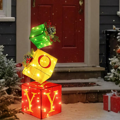 Christmas Joy Lighted Gift Boxes Decorations Set of 3, 2.8Ft Stackable Christmas Nesting Boxes Battery Operated for Home and Party Decoration