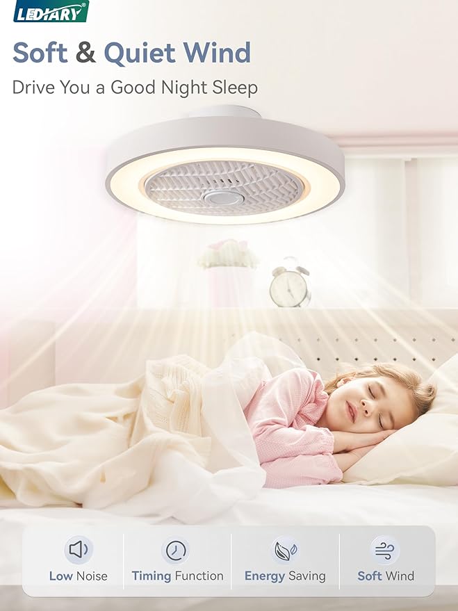 LEDIARY 20 Inch Low Profile Ceiling Fan With Light, Led Bladeless Ceiling Fans, Remote Control Enclosed Flush Mount Ceiling Fan With Timming, 3000-6000K, 6 Wind Speed, 3000LM, 57W-White
