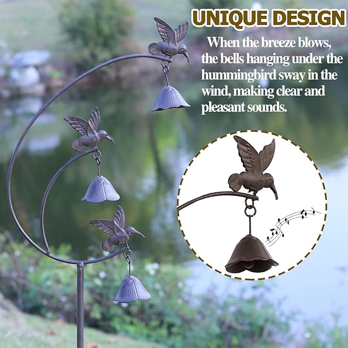 Gardens Metal Hummingbirds with Bells for Outside Garden Art,Decorative Garden Stakes