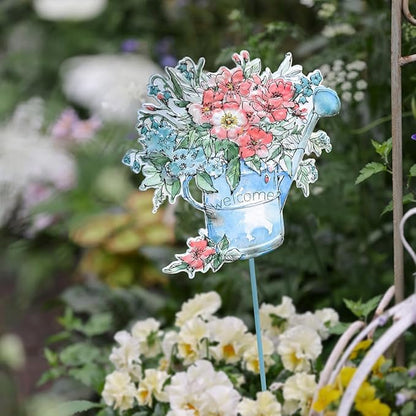 All Chic Garden Decor for Outside, 29” Decorative Garden Stakes Metal Embossed Watering Can with Flowers for Spring Decor, Yard Art Stakes for Outdoor Lawn Backyard Porch Pathway Decorations