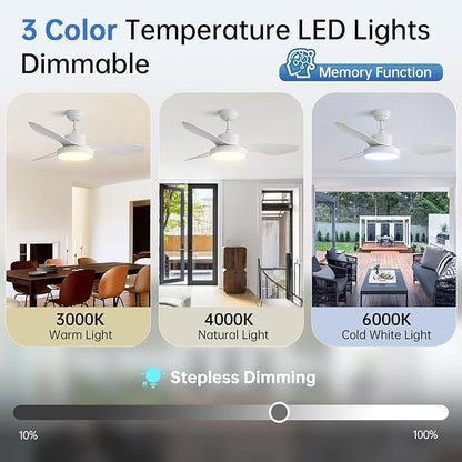 48 Inch Ceiling Fan with Lights Flush Mount Modern Energy-Efficient Outdoor Ceiling Fans with Remote,3 CCT Dimmable Quiet DC Motor & Timer for Patio/Bedroom/Farmhouse (White, 48 Inch/Smart Control)