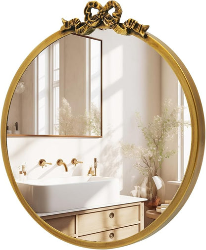 Vintage Round Mirror Antique Gold Vanity Mirrors 12inch Metal Ornate Circle Wall Mirror, Baroque Home Decor for Dressing Table, Bedroom