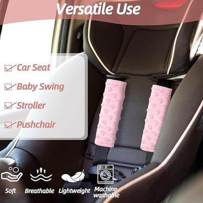 Baby Car Seat Strap Pads, Car Seat Strap Shoulder Covers for Baby Infant Toddler, Double-Sided Car Seat Belt Covers for Stroller/Pushchair/Baby Swing, Soft Flannel & Mesh, Pink