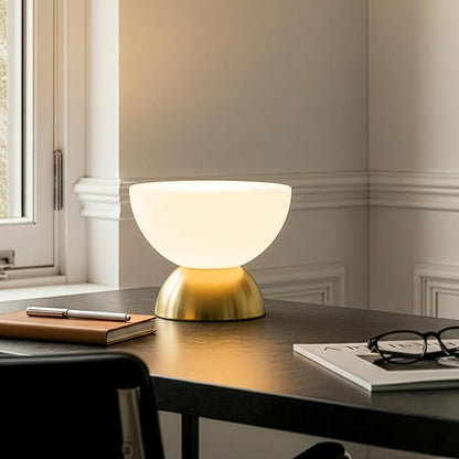 Brightech Lamina LED Table Lamp - Small 10 Inches Modern Bedroom Lamp - Bright Mini Reading Desk Lamp with Dimmable Warm Lighting for Bedside Table, Living Room, Office - Glass Lamp Shade, Gold/Brass