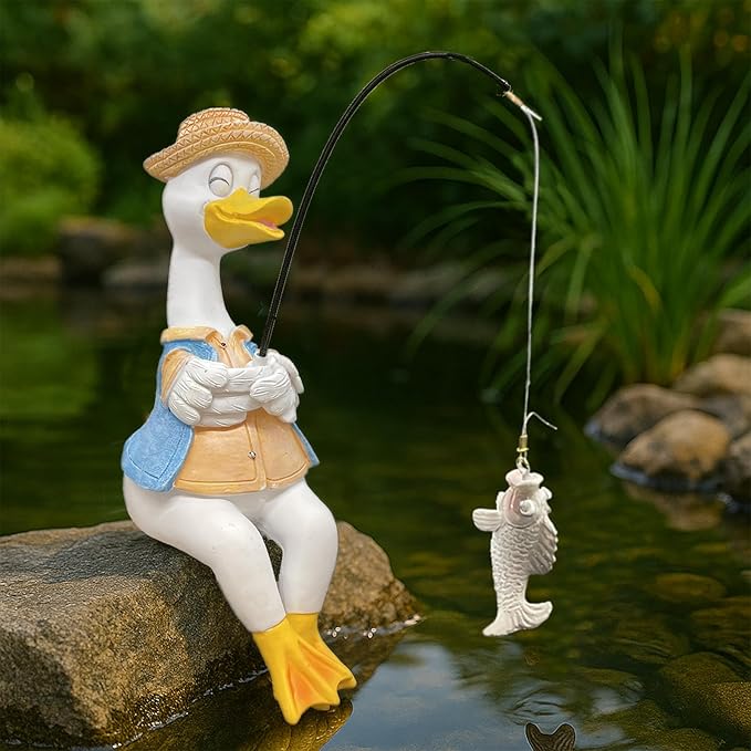 Duck Fishing Statue Garden Decor – 9.8" Weatherproof Resin Duck Fishing Sculpture Decor for Fish Ponds, Koi Ponds, Waterfalls, Poolside & Outdoor Gardens– Resin Figurine for Indoor & Outdoor Décor