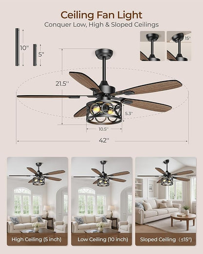 Ceiling Fans with Lights and Remote, 42'' Vintage Caged Ceiling Fan with Light, 5 Blades, 6+1 Speed, Flush Mount Ceiling Fan Whisper-quiet for Farmhouse, Living Room, Kitchen and Porch (42 Inch)