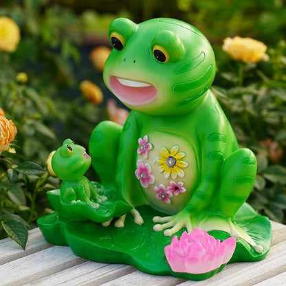 Upgraded Size Solar Garden Outdoor Statues Frog Mother and Little Frog with 6 LED Solar Figurine for Lawn,Patio, Balcony, Yard Decor Unique Gift, for Mom, Grandma,Father,Woman