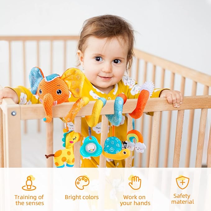 Koty Car Seat Toys, Spiral Car Seat Toy for Infant, Baby Stroller Toys Hanging Crib Activity Toy for CarSeat Crib Bed Stroller, Elephant Hanging Rattle Gifts for Babies 0-6 Months (Orange Elephant)