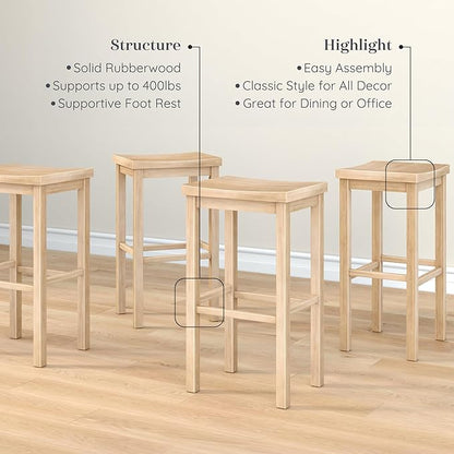 Grain & Grove Smith Collection Set of 4 Solid Wood Bar Stools, 30 inch Saddle-Seat Bar Chairs, Backless, Heavy-Duty Construction, Footrest Support, for Kitchen Islands, Home Bars, and Counters, Blonde