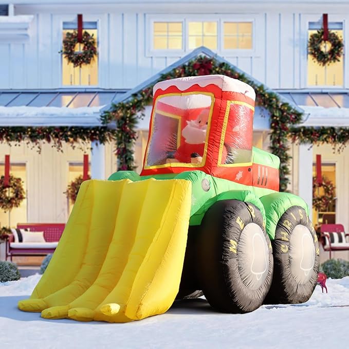 7FT Long Christmas Inflatables Santa Claus Drives Bulldozer, Funny Christmas Blow Ups Construction Vehicle Decoration, Built-in LEDs for Holiday Party Front Garden Lawn Yard Patio Outdoor