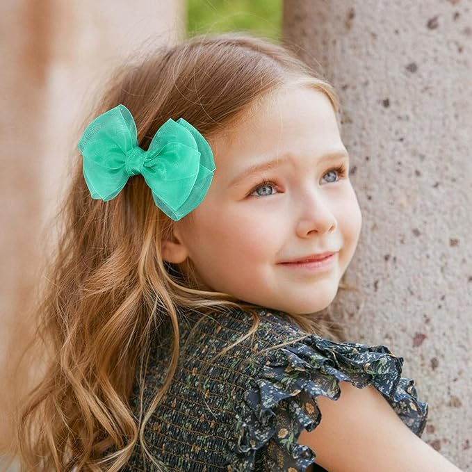 Green Hair Bow Clips 4 inch Mesh Ribbon Tulle Hairbow Barrettes Cute Handmade Christmas Party Dress outfit Decoration Accessories Easter Gift for School Kids Teens Toddler Girls Women