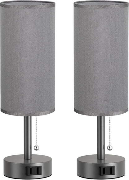 Fenmzee Dark Grey Bedside Table Lamps Set of 2-3 Color Temperatures Pull Chain Lamp with AC Outlet Charging Port, Small Round Night Stand Lamps for Bedroom, Bed Side Light with E26 LED Bulbs