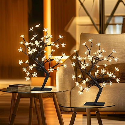 PEIDUO Set of 2 Lighted Cherry Blossom Tree, Light up Bonsai Tree for Christmas Decorations, Warm White Lights Plug in Adapter, Tabletop Night Light Artificial Tree for Indoor Bedroom Living Room