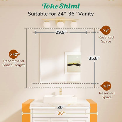 TokeShimi 30x36 Beveled Bathroom Mirror Frameless, Rectangle Bathroom Vanity Mirror with 1" Beveled Edge, Shatterproof Modern Mirrored Wall Decor for Living Room, Entryway, Bedroom