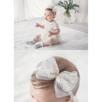 Baby Girls Bow Lace Headband Cute Soft Hairband White Butterfly Knot Headbands for Newborn Infants Toddlers Kids Christening Baptism Birthday Party Hair Accessories（Beige C）