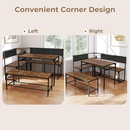 Corner Dining Table Set for 4-6, Breakfast Nook Table Set with Charging Port, Corner Kitchen Table with Storage & Bench, Farmhouse Corner Dining Table Set for Dining Room, Kitchen - Brown