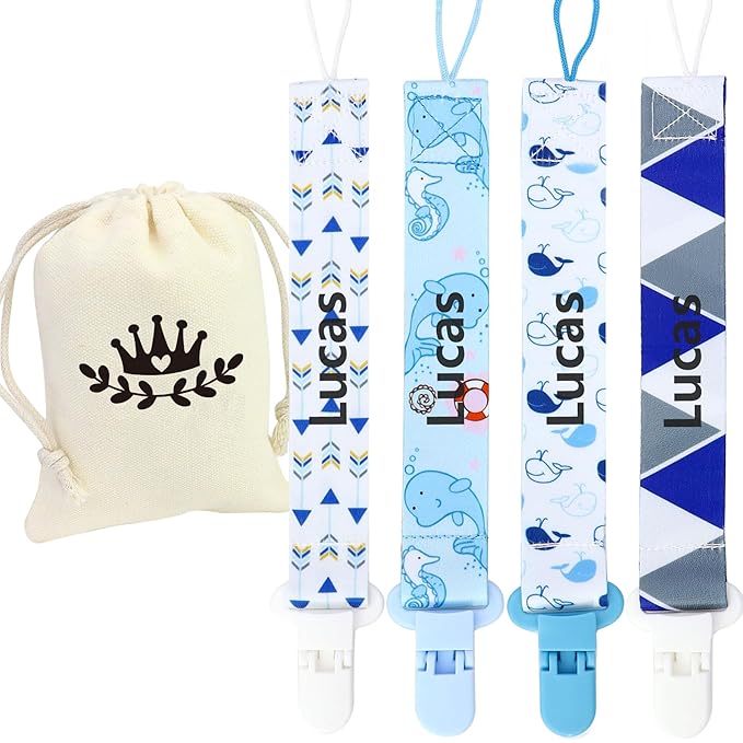 4Pack, Custom Baby Pacifier Holder Clip with Name, Personalized Name Pacifier Clip for Boys and Girls Fits for Most Pacifiers