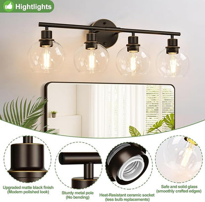 Indoi 4-Light Bathroom Light Fixtures, Oil Rubbed Bronze Bathroom Lights Over Mirror with Clear Glass Globe Shade, Vanity Lights for Bathroom Kitchen Living Room Hallway Cabinet Bedroom Porch