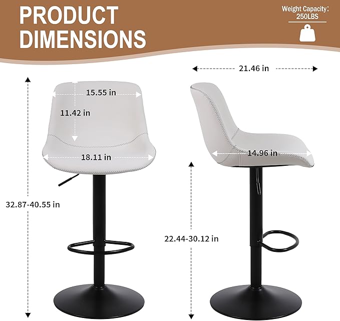 Bar Stools, Swivel Counter Height Barstools with Back, Adjustable Modern Bar Chairs, Tall Armless PU Leather Kitchen Island Stool (White, Set of 2)