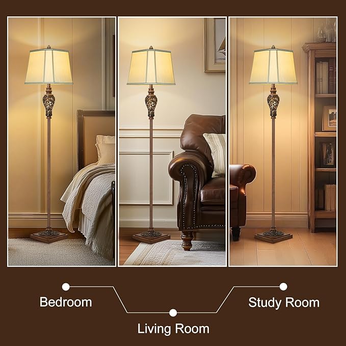 Vintage Floor Lamp with Nightlight, 65" Rustic Standing Lamp with Beige Faux Silk Shade, Farmhouse Style Design Tall Lamp Decor for Living Room Bedroom Study Home Office Corner- Bronze (Bulb Included)