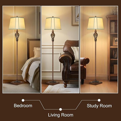 Vintage Floor Lamp with Nightlight, 65" Rustic Standing Lamp with Beige Faux Silk Shade, Farmhouse Style Design Tall Lamp Decor for Living Room Bedroom Study Home Office Corner- Bronze (Bulb Included)