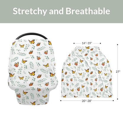 Butterflies Green Leaves Baby Car Seat Covers Spring Garden Stretchy 5-in-1 Cover Adjustable Car Canopy Cover Boho Greenery Breathable Nursing Cover-Up