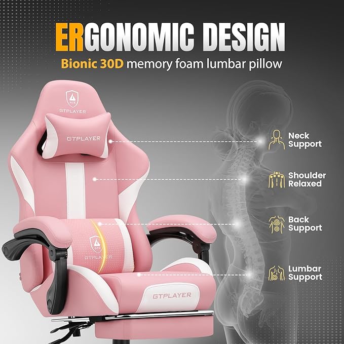 GTRACING Gaming Chair with Foot Rest & Pocket Spring Cushion, Ergonomic High Back Computer Chair with Headrest & 360°-Swivel Seat for Home Office Desk, PU Leather, Pink