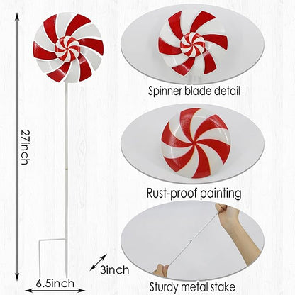 5pcs Wind Spinners Metal Colorful Flowers Garden Stake, Christmas Lollipop Pinwheels, 27" Metal Windmill Yard Art Lawn Ornaments Outside Decorations, Christmas Outdoor Decorations Gift