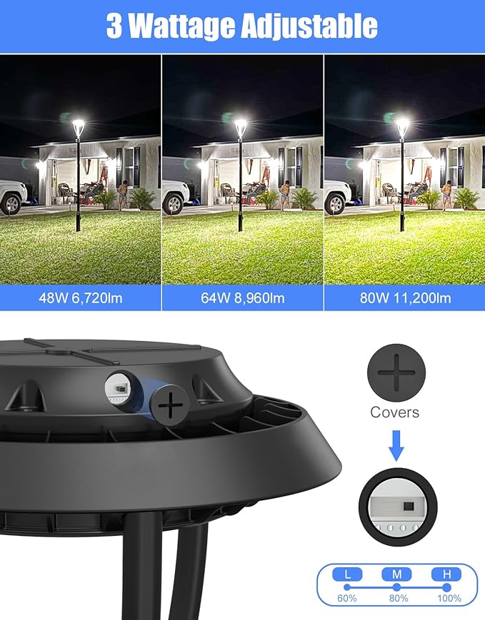 KUKUPPO 80W LED Post Top Light 80W/64W/48W Wattage Selectable ETL Listed 11200Lm LED Post Pole Top Light Dusk to Dawn IP65 Waterproof for Outdoor Commercial Pole Light Fixture AC100-277V