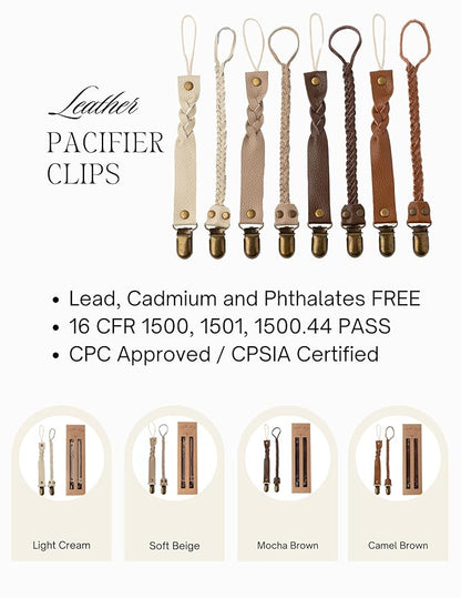 Little Bug Boutique 2-Pack Leather Baby Pacifier Clips - Neutral Pacifier Holders for Baby Girls & Boys, Paci & Binky Clips or Strap for Toys & Teethers (Light Cream), Pacifier NOT Included