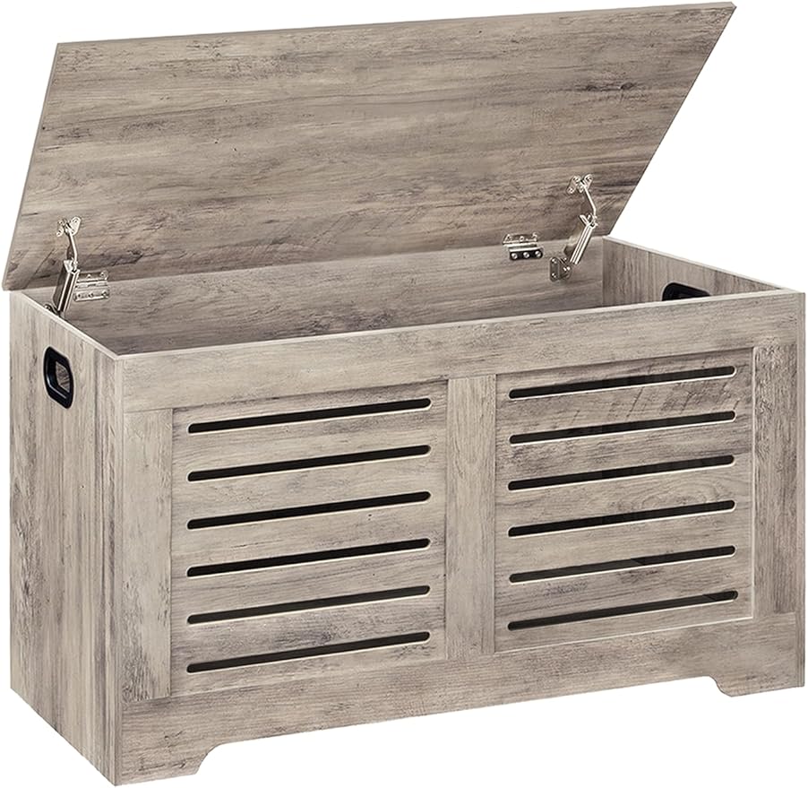 DINZI LVJ Storage Chest, Flip-Top Wooden Toy Box with 2 Safety Hinges, Retro Entryway Shoe Storage Bench, Sturdy Large Storage Trunk for Living Room, Bedroom, Easy Assembly, Greige