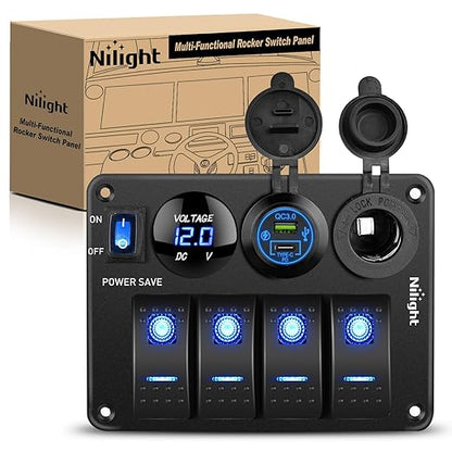 Nilight 4 Gang Rocker Switch Panel Waterproof Pre-Wired Aluminum Power Control Marine Panels with PD Type C and USB Cigarette Lighter Socket Voltmeter 12V 24V ON Off Switches for Car Trucks Boats RVs