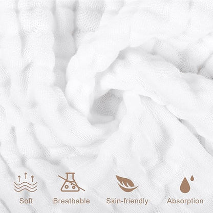Yoofoss Muslin Baby Washcloths 100% Organic Cotton Face Towels 10 Pack Wash Cloths for Baby 12x12in Soft and Absorbent Baby Wipes (White)