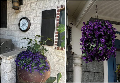 Artificial Fake Hanging Flowers Plants for Outdoor Outside Summer Decoration, 2PCS Faux Silk Morning Glory Purple UV Resistant Look Real Trailing Vines for Home Planter Porch Patio