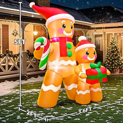 5FT Christmas Inflatables Outdoor Decorations Inflatable Gingerbread, Built in LED Lights Blow up Yard Decorations for Xmas Holiday Party Indoor Garden Lawn Décor