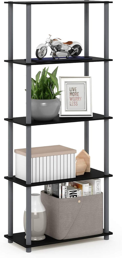 Furinno Turn-N-Tube 5-Tier Multipurpose Shelf / Display Rack / Storage Shelf / Bookshelf, Round Tubes, Black/Grey